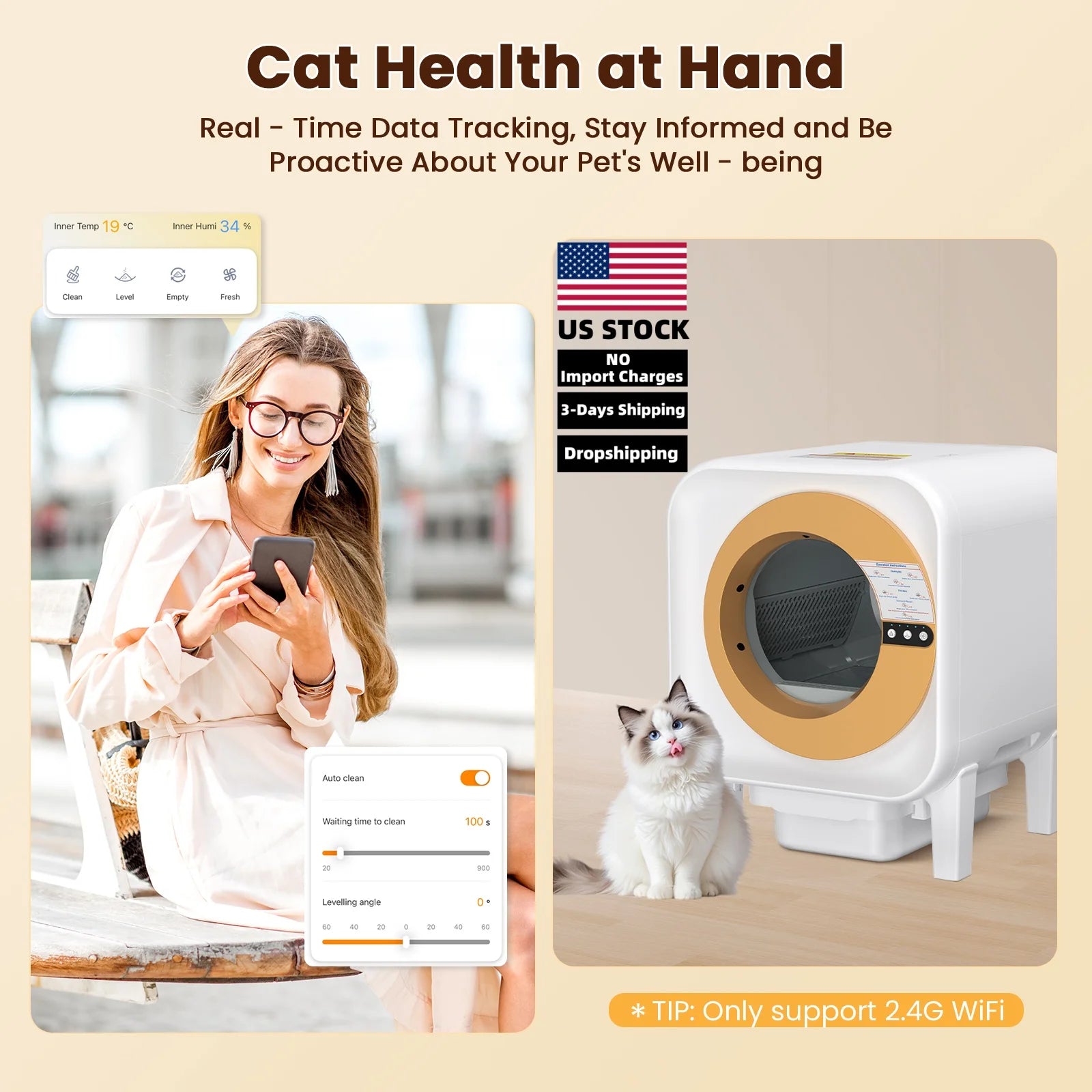 Automatic Self Cleaning Cat Litter Box WiFi Enabled Health Monitoring Real Time Data Tracking 33dB Ultra Quiet for Cat Household