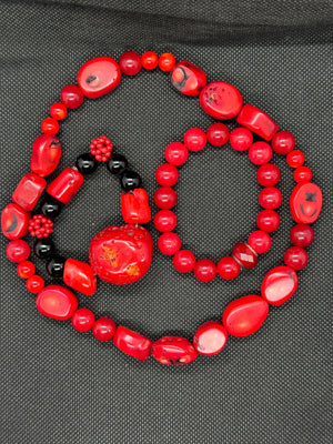 Red Coral Choker & Double Bracelet Set