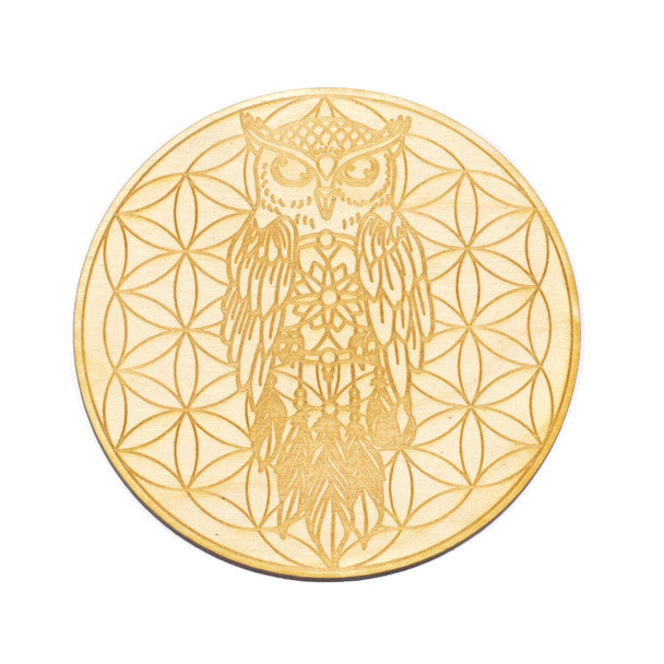 Owl Dreamcatcher Flower of Life Crystal Disc - 4 inch, Birch Wood